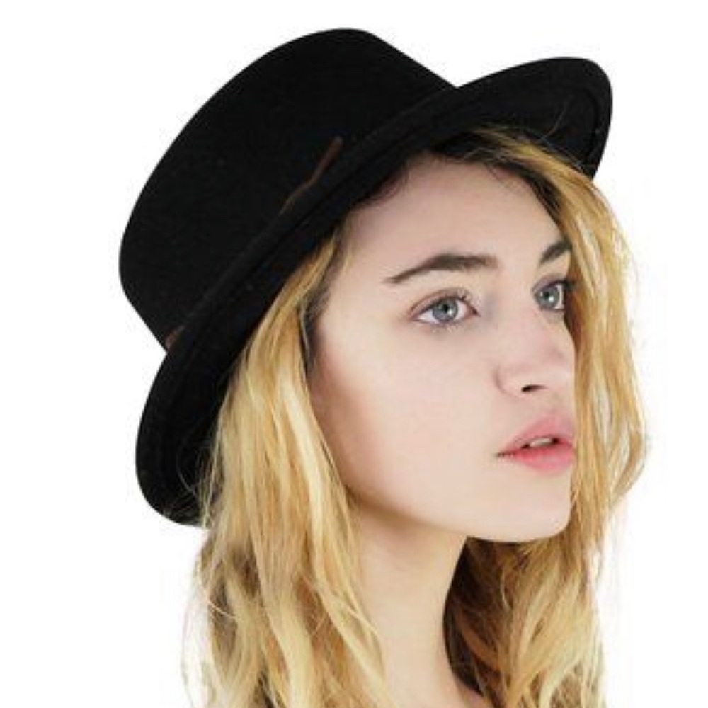 NEW Black Round Flat Top Stiff Brim Black Ribbon Band Boater Fedora Hat - Picture 3 of 4